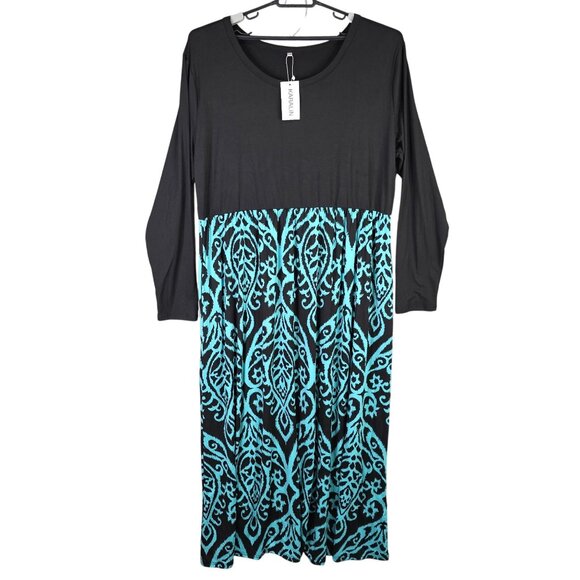 Womens Karalin Black & Teal Patterned Midi Dress Long Sleeve Rayon Stretch 24W - Picture 1 of 10